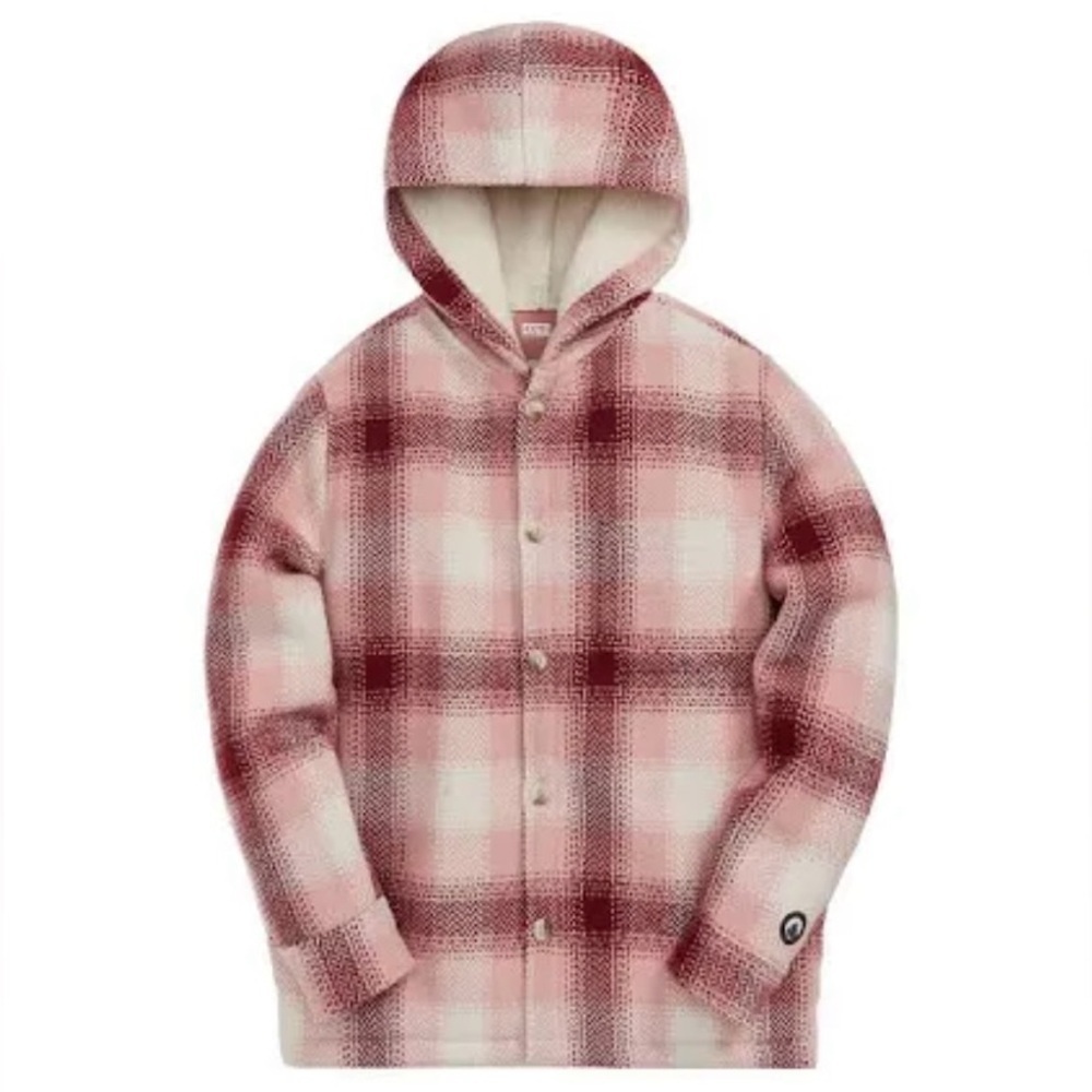 Kith Hooded Ginza French Clay L NWOT Sherpa Lined Plaid  Button Up Jacket Coat
